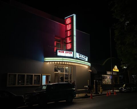 Outside the new Guild Theatre.