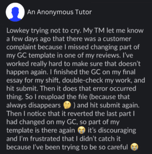 An anonymous tutor's post on the Paper Tutoring slack.