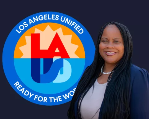 Darnise Williams in front of LAUSD logo