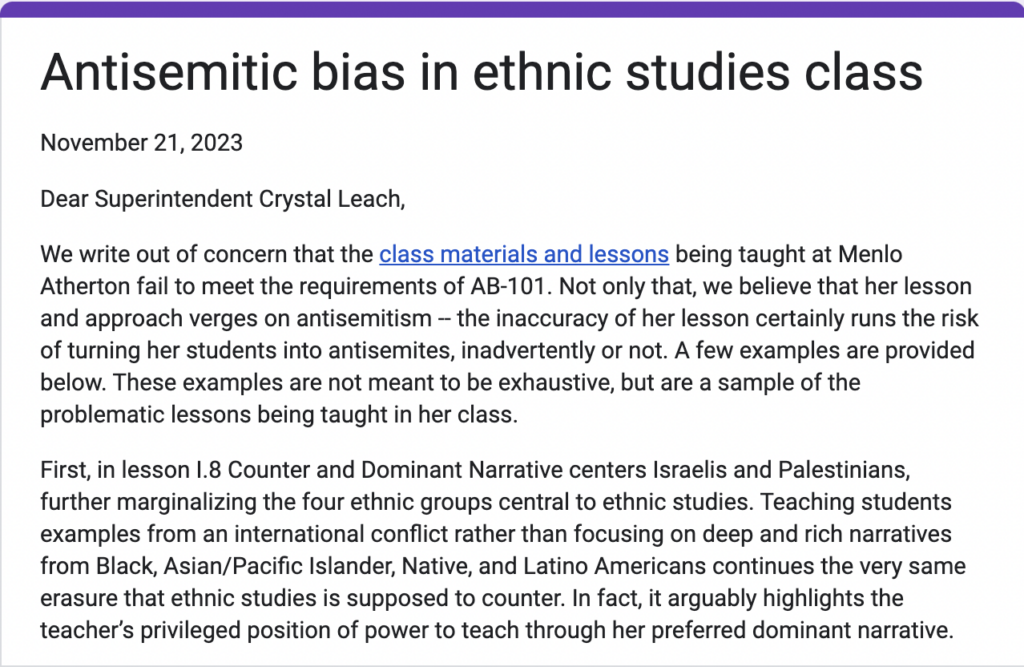 Petition by Jewish parents about anti-Semitism in ethnic studies classes
