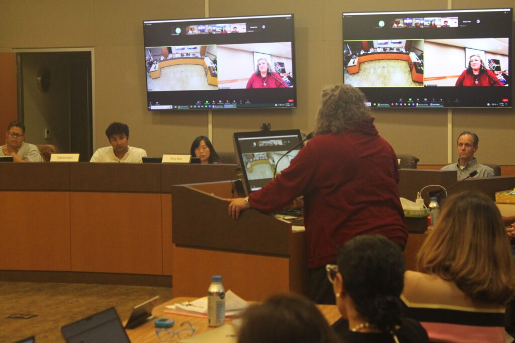 SDTA President Edith Salvatore addresses the Sequoia Union High School District about antisemitism and the ethnic studies presentation.