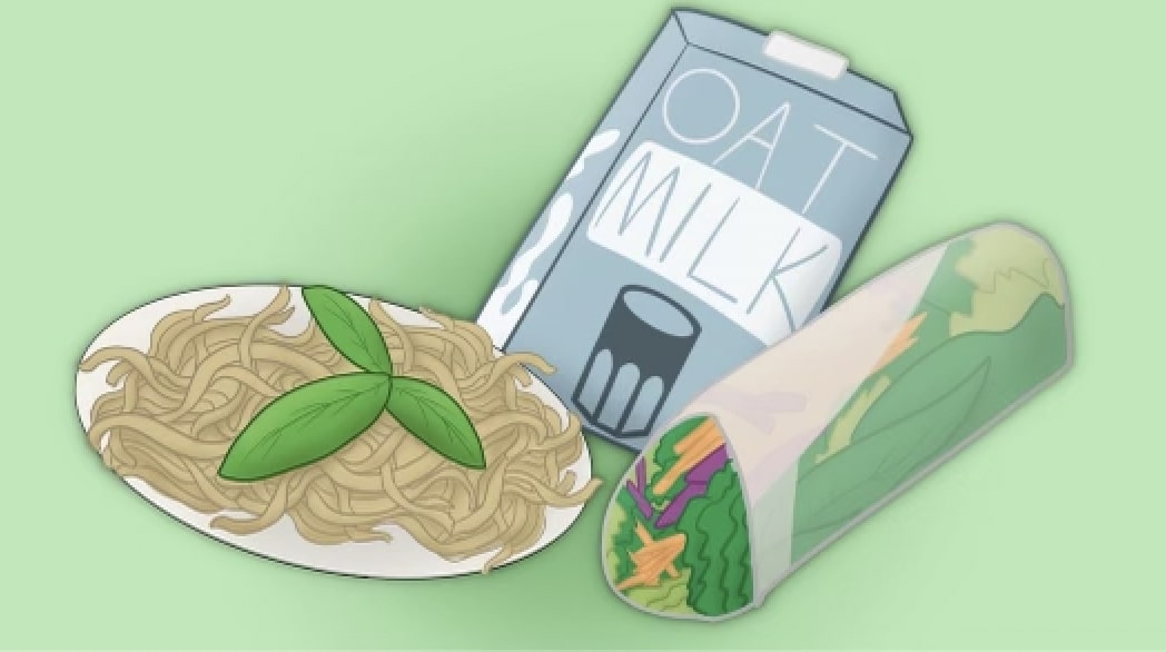 Plant based foods such as oat milk, noodles, and spring rolls.