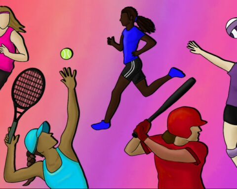 Female athletes playing basketball, tennis, running, softball, and vollyball.