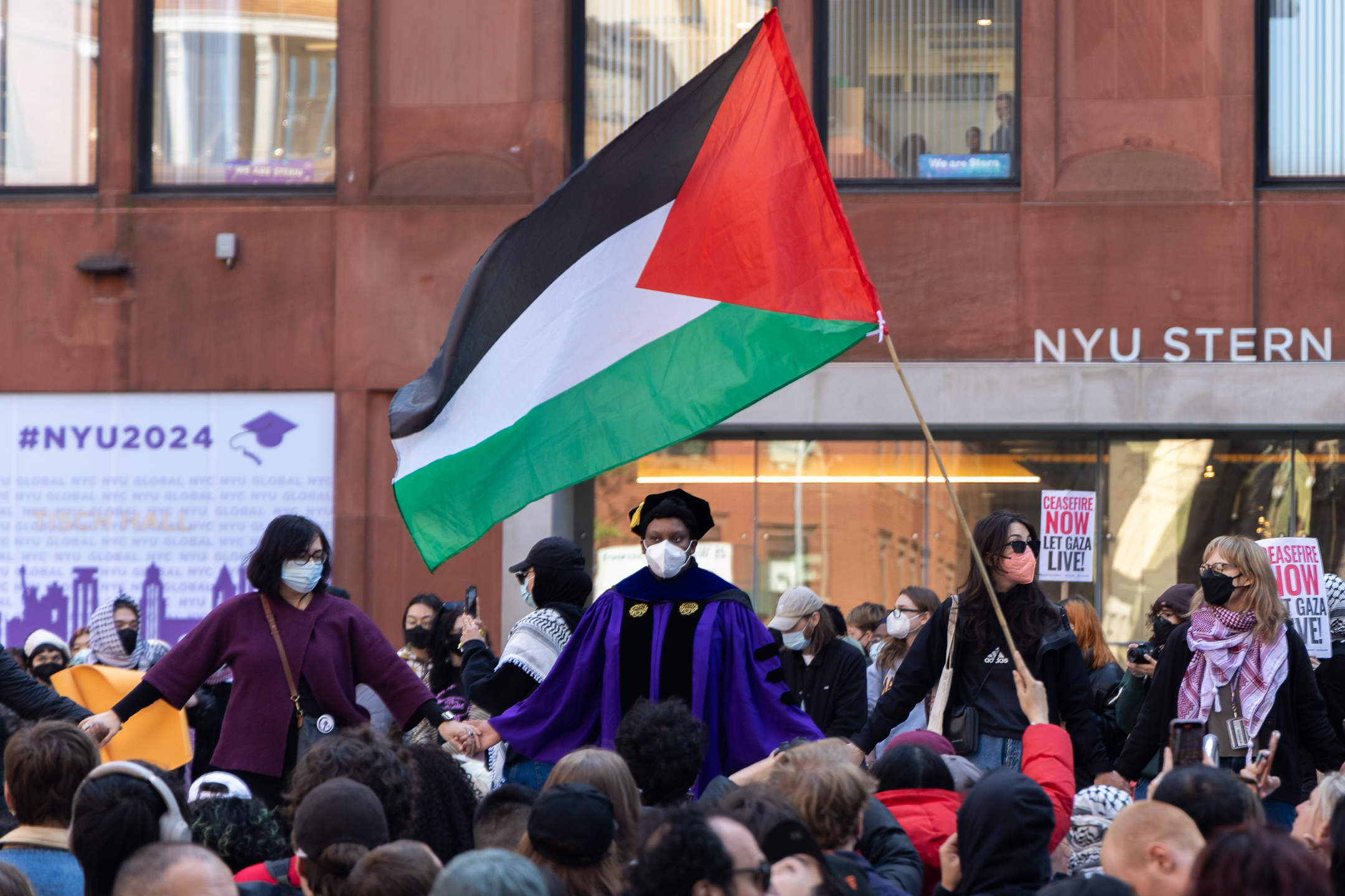 Members of NYU Faculty for Justice in Palestine join at Gould Plaza encampment. Photo courtesy of Krish Dev.