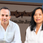 Alon Shiran and Amy Koo in front of the Sequoia Union High School District office