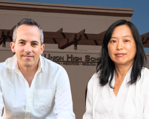 Alon Shiran and Amy Koo in front of the Sequoia Union High School District office