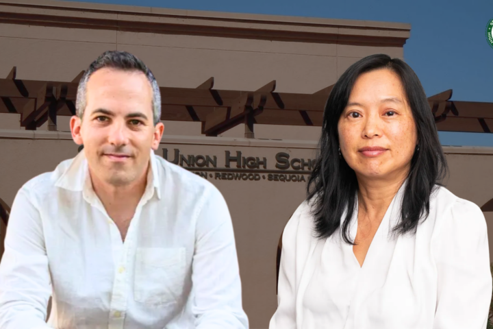 Alon Shiran and Amy Koo in front of the Sequoia Union High School District office