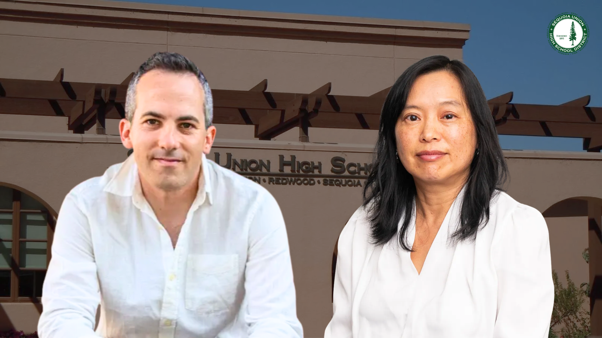 Alon Shiran and Amy Koo in front of the Sequoia Union High School District office